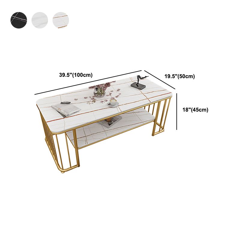 Glam Rectangle Coffee Table with Golden Frame Base and Storage Shelf