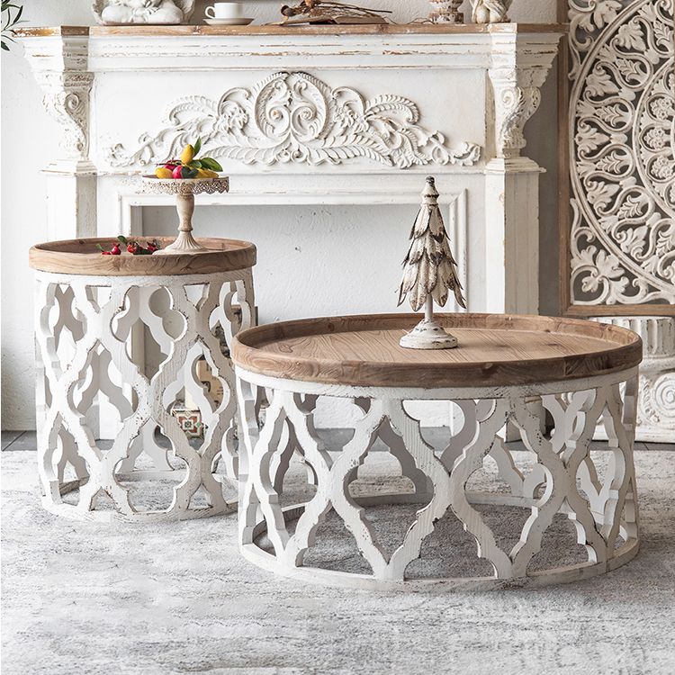 Wood Round Top Side Table Metal Base End Table - Distressed Surface Treatment