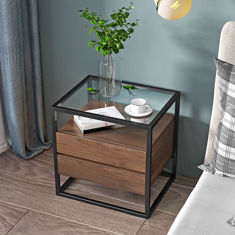 21 ''背の高いモダンなアクセントテーブルナイトスタンドグラストップ2ドロワーアイアンベッドサイドキャビネット
