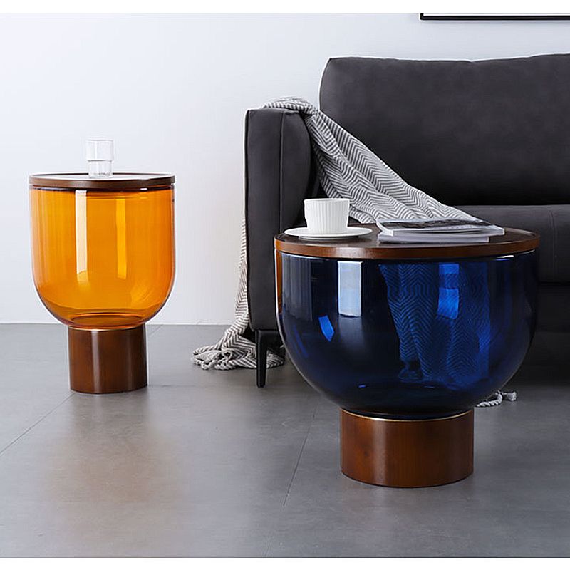 Modern Round Solid Oak Top End Table 53/44" Tall Drum End Table with Storage