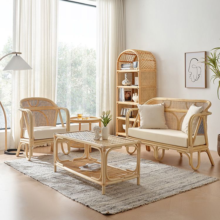 Solid Wood Sofa with Rattan Accent Tropical Living Room Sofa in Light Brone