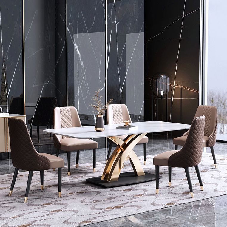 Contemporary Style Sintered Stone Dining Table with White Fixed Table and Gold Trestle Base Clearhalo 'Dining Room Sets' 'Dining Tables & Seating' 'dining_room_set' 'furn' 'furn_dining_room_set' 'Furniture' 'furniture_dining_room_set' 'Kitchen & Dining Furniture' 'kitchen&dining_furn' 'kitchen' 1200x1200_d04630c4-a5a6-4b3c-a968-a54bd6845392