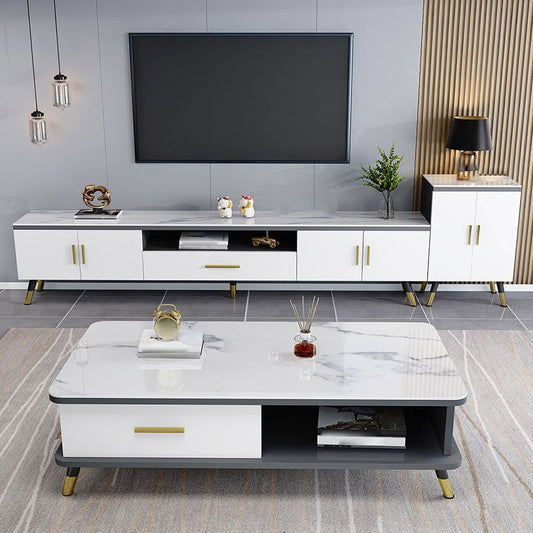 Splendida console TV stand con archiviazione da record, supporto TV in vetro e legno in grigio / bianco