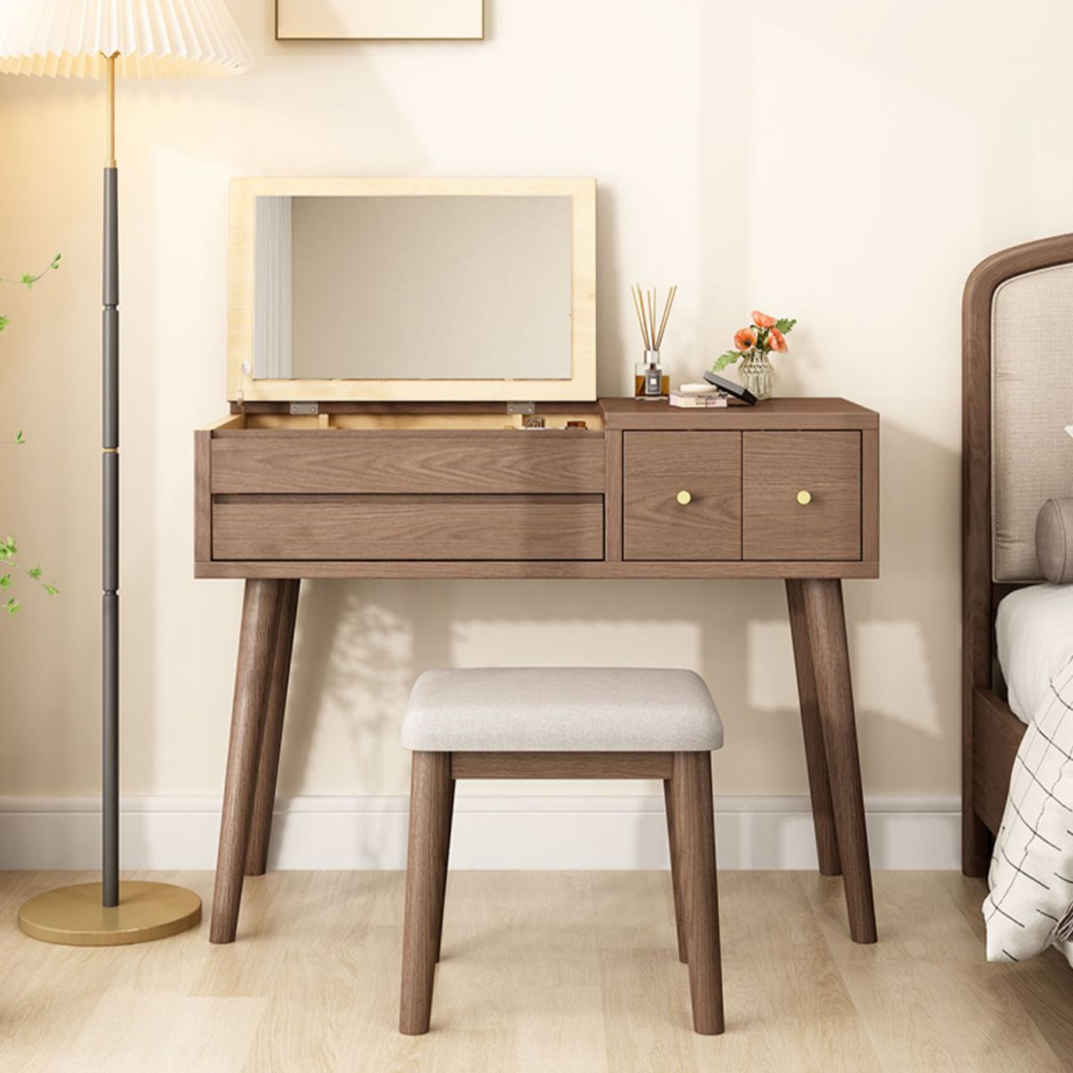 Scrivania in legno massello scrivania da remoto set di vanità per trucco specchio con cassetto