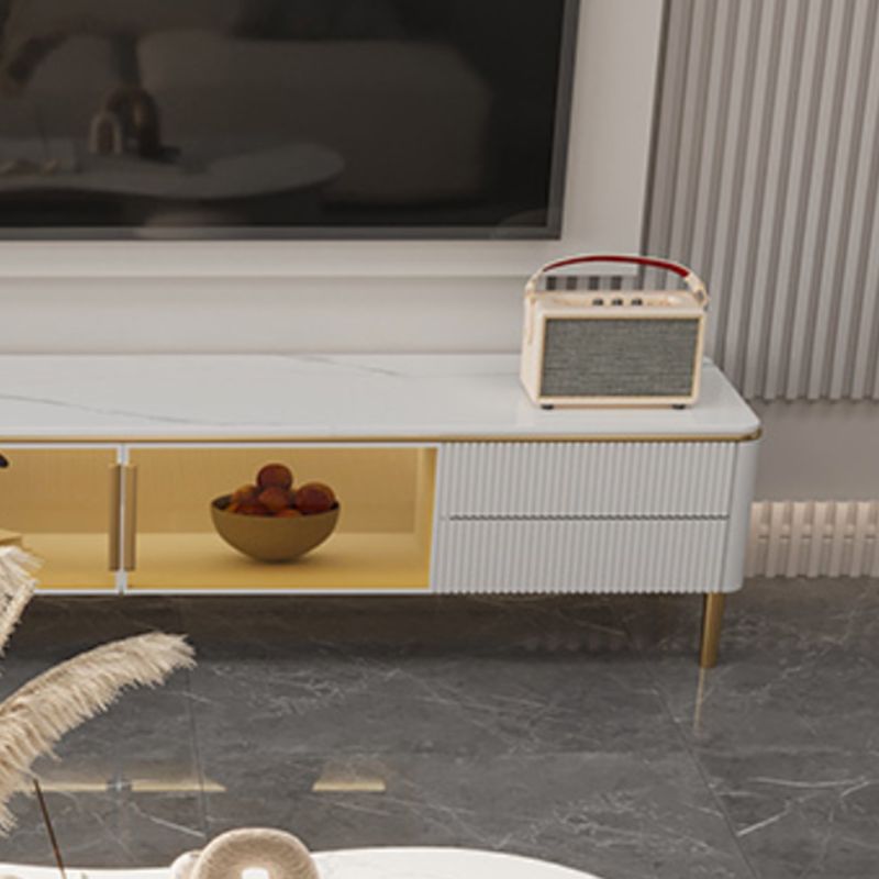 Glam Style Stone TV Stand White Color Console TV de stockage fermé avec 2 dessins