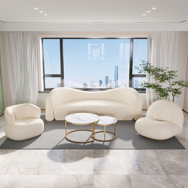 Sofá curvado de tela de tela de tela trasera ajustada blanca y contemporánea