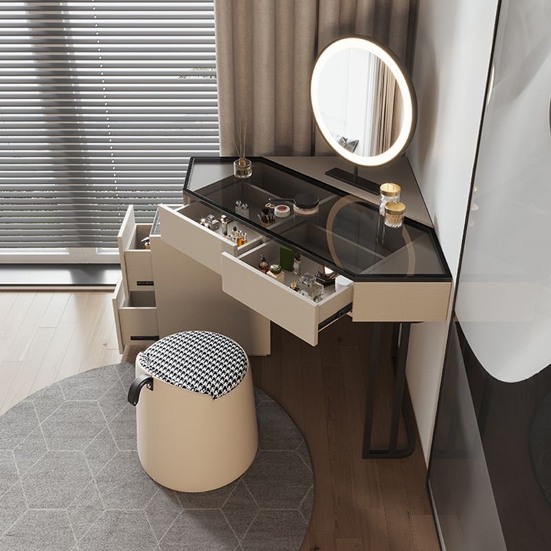 Modern Glass Corner Vanity Table Set 29.53" D 4-Drawer Makeup Vanity Table Clearhalo 'Bedroom Furniture' 'furn' 'furn_makeup_vanities' 'Furniture' 'Makeup Vanities' 'makeup_vanities' 1200x1200_d08da3a4-773f-4191-a648-65ee84f544f5