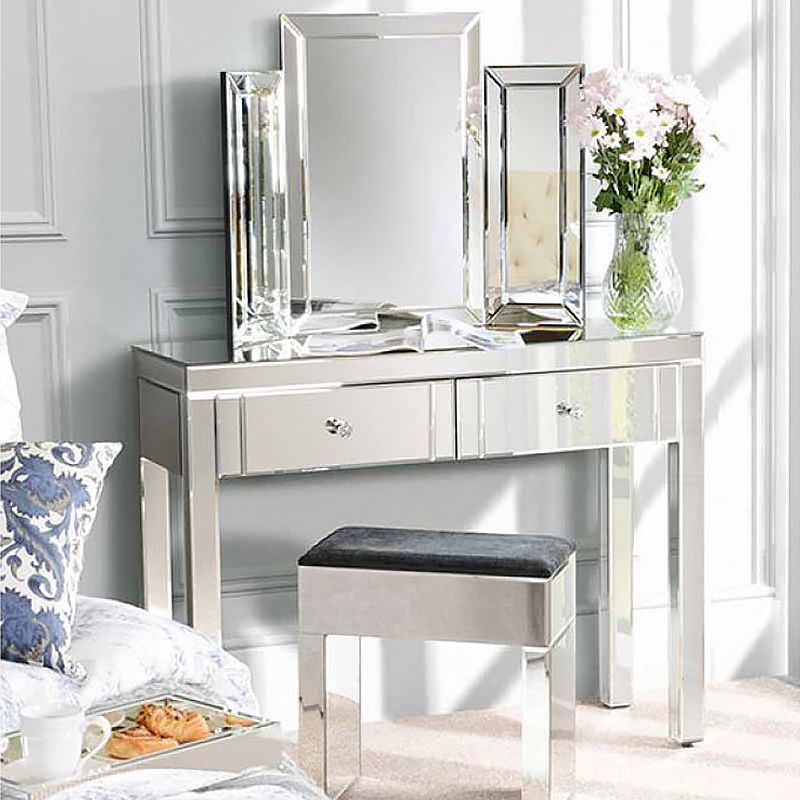 Glass Vanity Set with Tri-Fold 13.77" Wide Make-up Vanity with 2 Storage Drawers Clearhalo 'Bedroom Furniture' 'furn' 'furn_makeup_vanities' 'Furniture' 'Makeup Vanities' 'makeup_vanities' 1200x1200_d0c553b6-27f6-4da8-a800-26f3913bc4d2