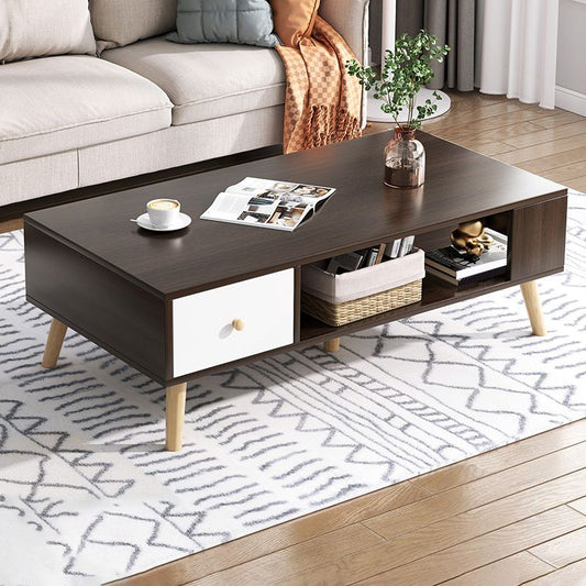 Rectangle Wood Coffee Table 4 Legs Single Coffee Table with Drawer