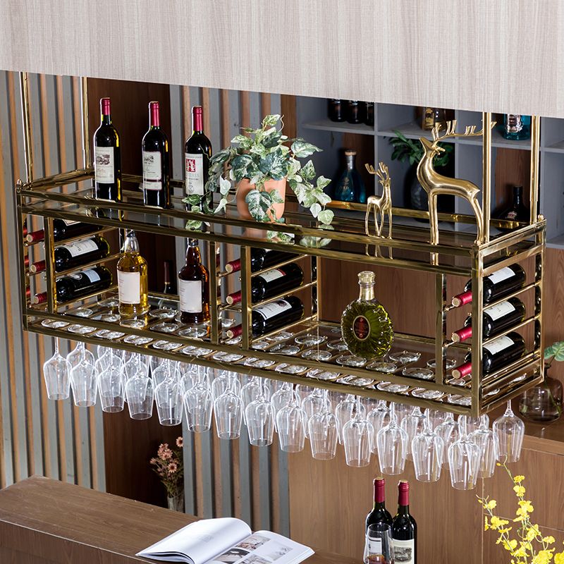 Porta del vino sospeso in metallo da cucina con supporto di vetro e scaffale