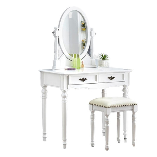 Juego de tocadores blancos brillantes con 2 cajones de almacenamiento de tocador de maquillaje de madera de goma, 17.71 "de ancho