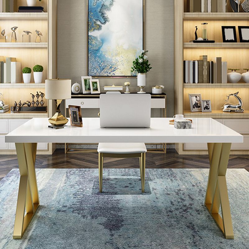 Wooden Rectangular Writing Desk Glam 29.53" Tall Office Desk with Iron Legs Clearhalo 'furn' 'furn_office_desk' 'Furniture' 'Office Desks' 'Office Furniture' 'office_desk' 1200x1200_d166b399-d0b8-4ce4-9274-78a43631d757