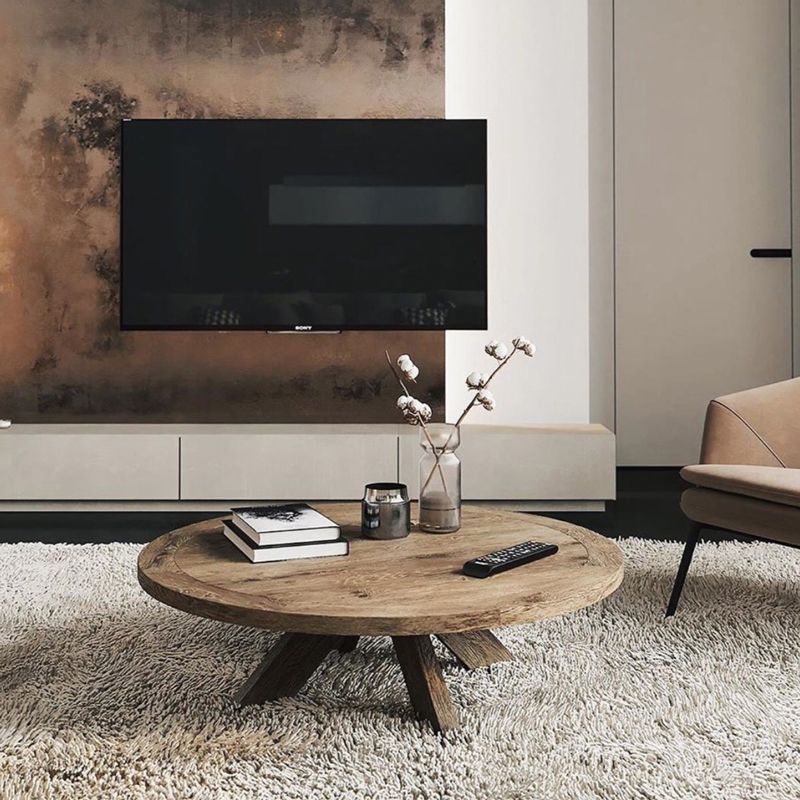 15"H Contemporary Coffee Table Solid Wood Round Coffee Cocktail Table