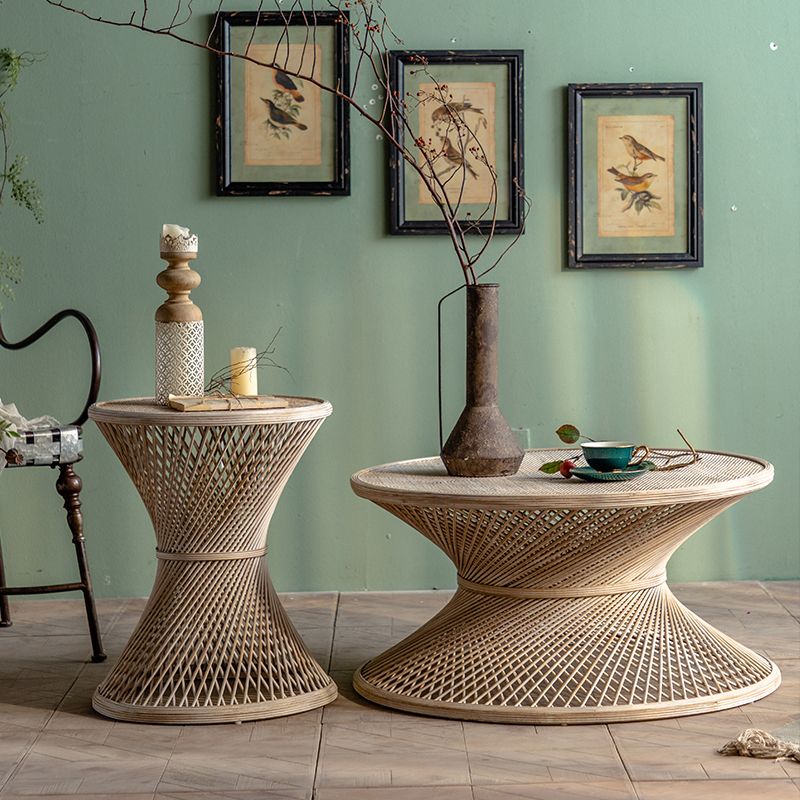 Farmhouse Bamboo Accent Side Table Geometric End Slide Table