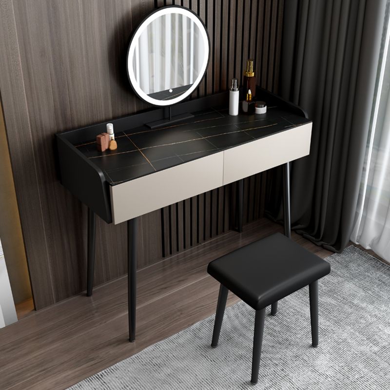 Coiffeuse contemporaine à 2 tiroirs avec plateau en pierre noire et tabouret