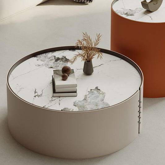 Contemporary Coffee Table Round Slate Drum Coffee Cocktail Table