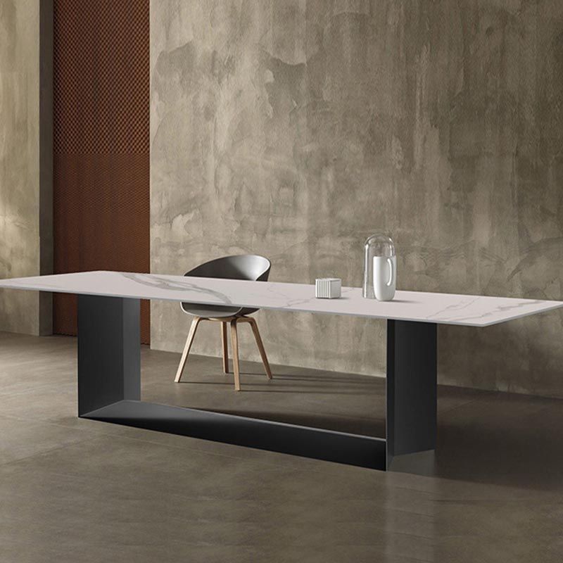 Mesa de comedor rectangular de piedra sinterizada, muebles modernos con base de acero para el hogar