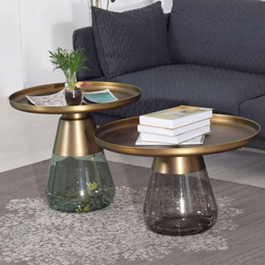 Mid-century Modern Metal Tray Top Glass Base Round Coffee Table