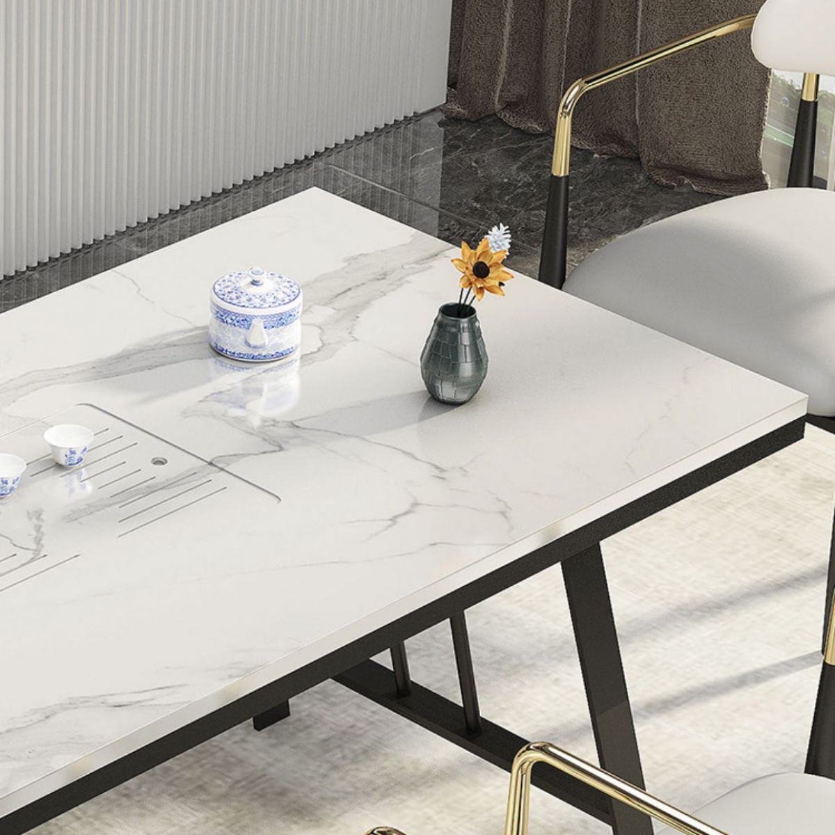 Metal Double Pedestal Table Modern Stone Top Rectangle Counter Dining Table Clearhalo 'Dining Tables & Seating' 'Dining Tables' 'dining_table' 'furn' 'furn_dining_table' 'Furniture' 'furniture_dining_table' 'Kitchen & Dining Furniture' 'kitchen' 'kitchen_dining_table' 1200x1200_d226796e-0d0a-4f4e-91dc-7343349cdadf