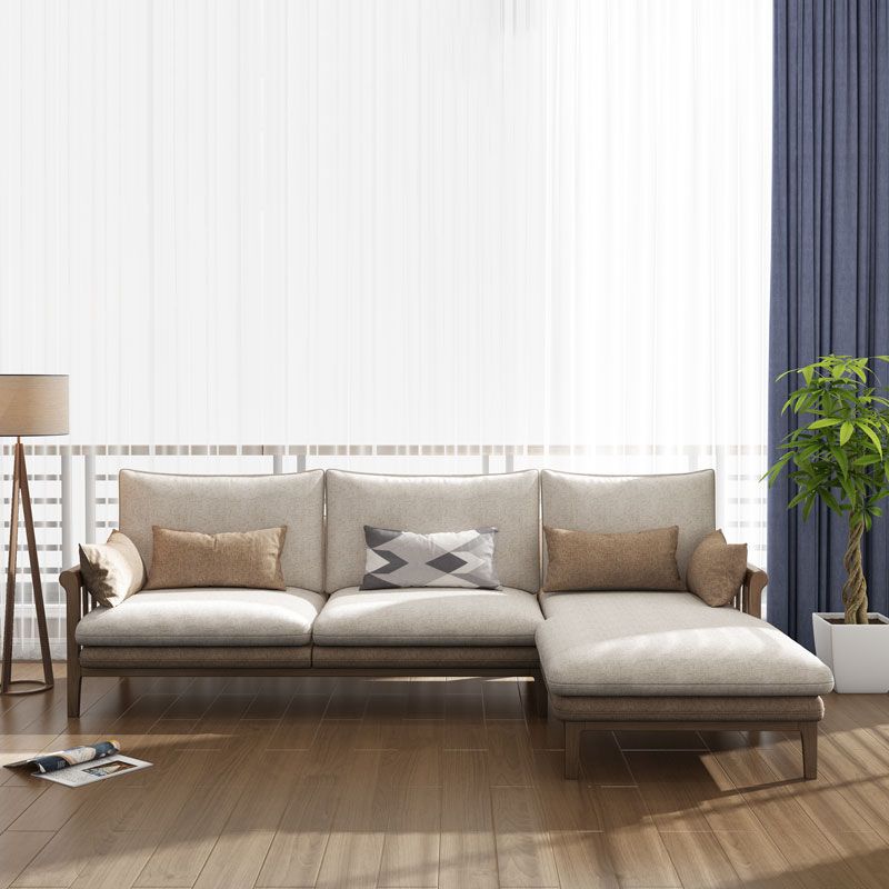 Rustic 37.4"High Cotton-Blend Sectional Pillow Back Sofa with Solid Wood Legs , Beige Clearhalo 'furn' 'furn_sectionals' 'Furniture' 'furniture_sectionals' 'Living Room Furniture' 'Sectionals' 1200x1200_d2374192-2d20-495e-b50d-7c71dce77d41