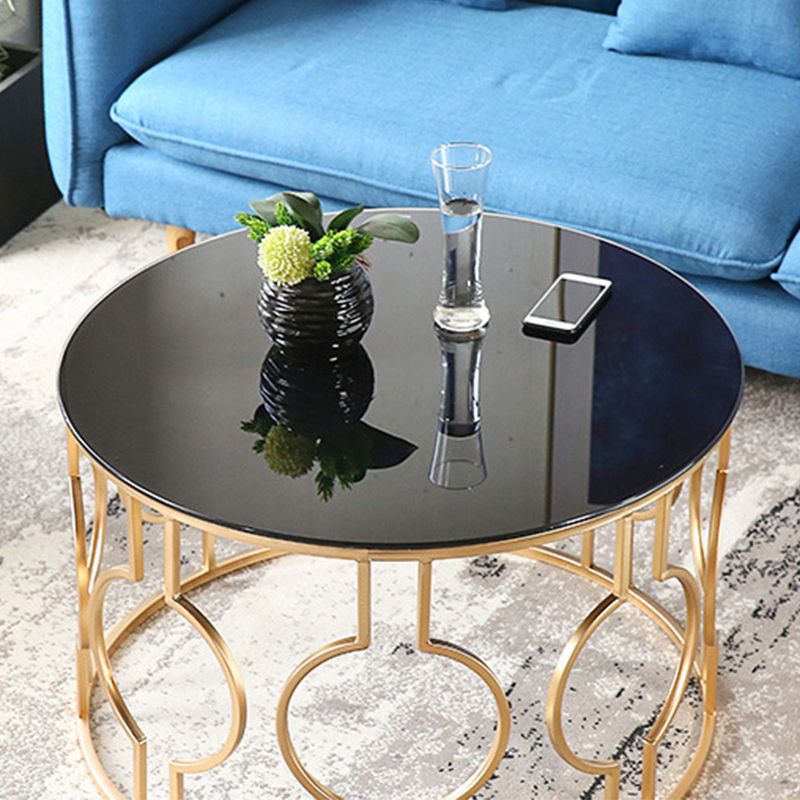 Contemporary Round Glass Coffee Table with Iron Frame Base Cocktail Table Clearhalo 'Coffee & Accent Tables' 'Coffee Tables' 'coffee_tables' 'furn' 'furn_coffee_tables' 'Furniture' 'Living Room Furniture' 1200x1200_d27347f7-2b6c-4f16-9f2e-cb9a0051310b