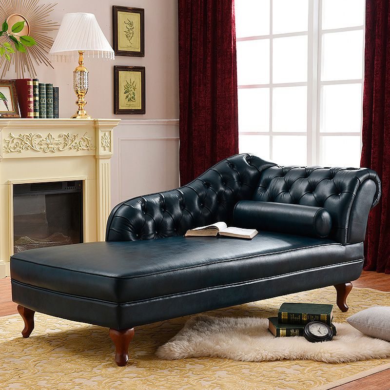 Traditional Chaise Lounge Genuine Leather Floor Chair with Recessed Arms