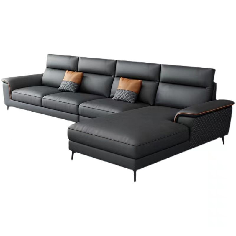 Modern 4-Seater Pillow Top Arm Sofa Faux Leather Sofa with Chaise - 129.9" W Clearhalo 'furn' 'furn_sectionals' 'Furniture' 'Living Room Furniture' 'Sectionals' 1200x1200_d2c3a6f1-f0c7-470c-be61-b39430e78945