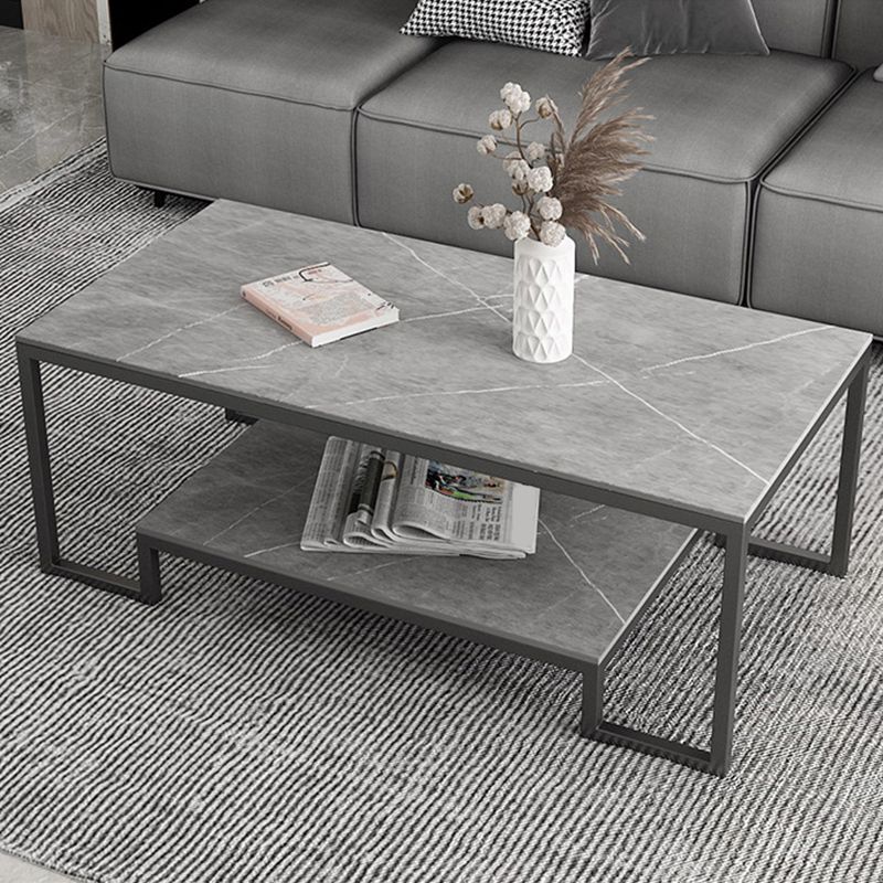 Contemporary Cocktail Table with Stone Top and Iron Base and Shelf