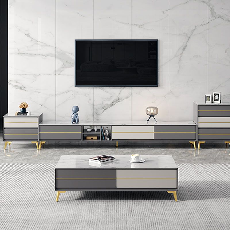 Stein- und Holz -TV -Medien stehen mit Schubladen moderne TV -Standkonsole