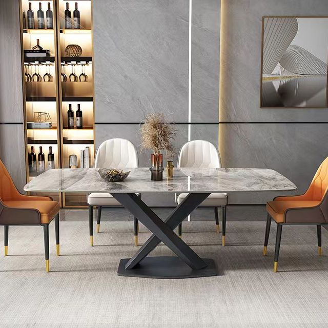 Moderne rechthoekige witte stenen bovenste eettafel met stalen zwarte X-Base
