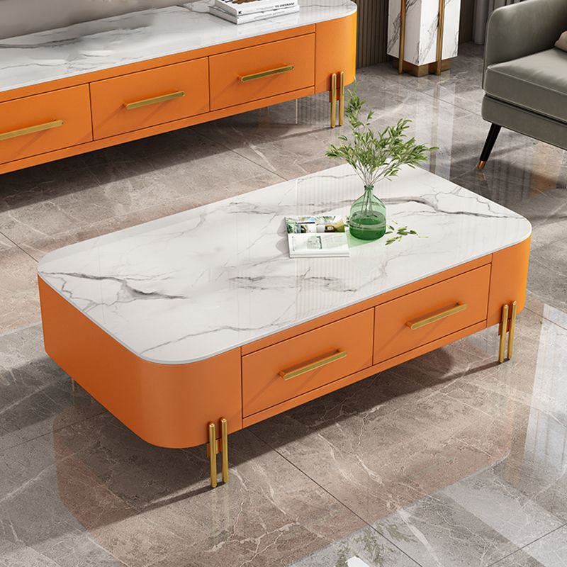 Modern Metal 4 Legs Cocktail Table Rectangle Slate Coffee Table with 2 Drawers