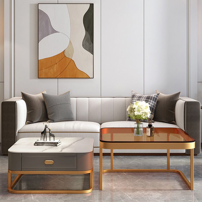 Glam Square Glass / Slate Coffee Table Metal Frame Cocktail Table with Drawer Clearhalo 'Coffee & Accent Tables' 'Coffee Tables' 'coffee_tables' 'furn' 'furn_coffee_tables' 'Furniture' 'Living Room Furniture' 1200x1200_d3090795-02df-4fa8-af55-8e7cfba9d6c4