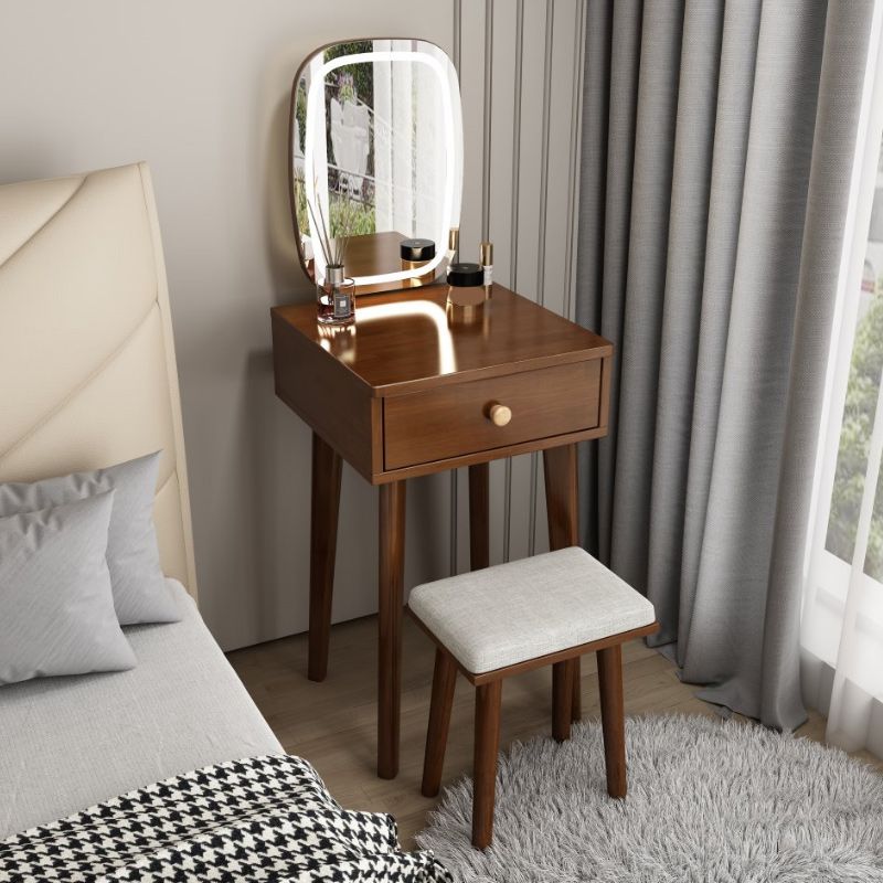 Scandinavian Solid Wood Vanity Dressing Table with Mirror and Stool