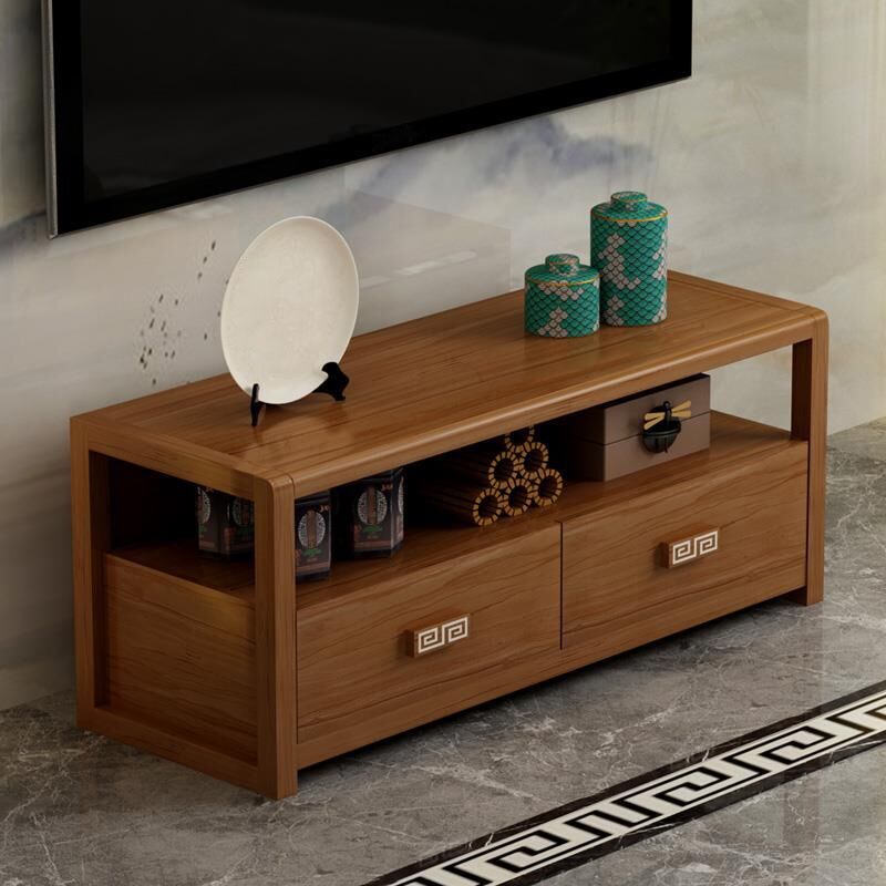 Meuble TV en bois d'hévéa marron Meuble TV style contemporain avec 2 tiroirs