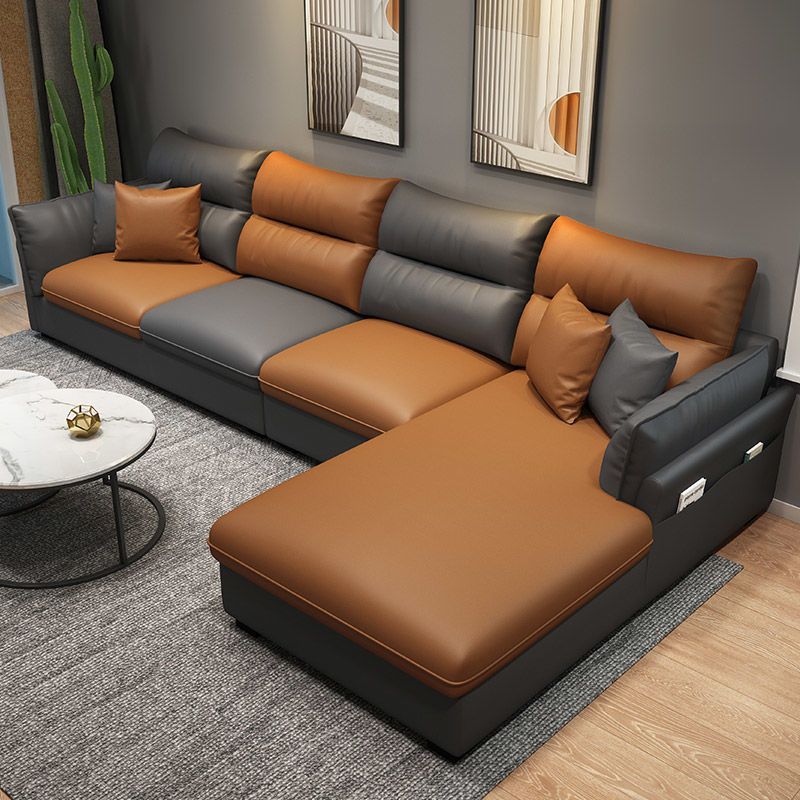 Faux Leather Sectional with Four Pillows Back Flared Arm Sofa Clearhalo 'furn' 'furn_sectionals' 'Furniture' 'furniture_sectionals' 'Living Room Furniture' 'Sectionals' 1200x1200_d34bb2e9-51f0-4b69-9f54-811cf3c7739c