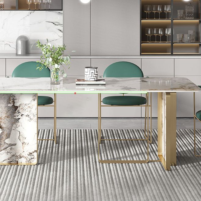 Contemporary Style Sintered Stone Dining Table with White Fixed Table and Double Pedestal Base Clearhalo 'Dining Room Sets' 'Dining Tables & Seating' 'dining_room_set' 'furn' 'furn_dining_room_set' 'Furniture' 'furniture_dining_room_set' 'Kitchen & Dining Furniture' 'kitchen&dining_furn' 'kitchen' 1200x1200_d3524372-211d-4cfa-8d7a-499bbdd4a6da