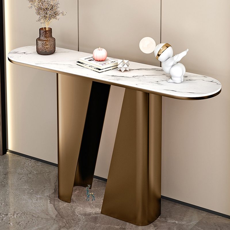 Modern Half Moon Console Table Stone Console Sofa Table in Gold/Black