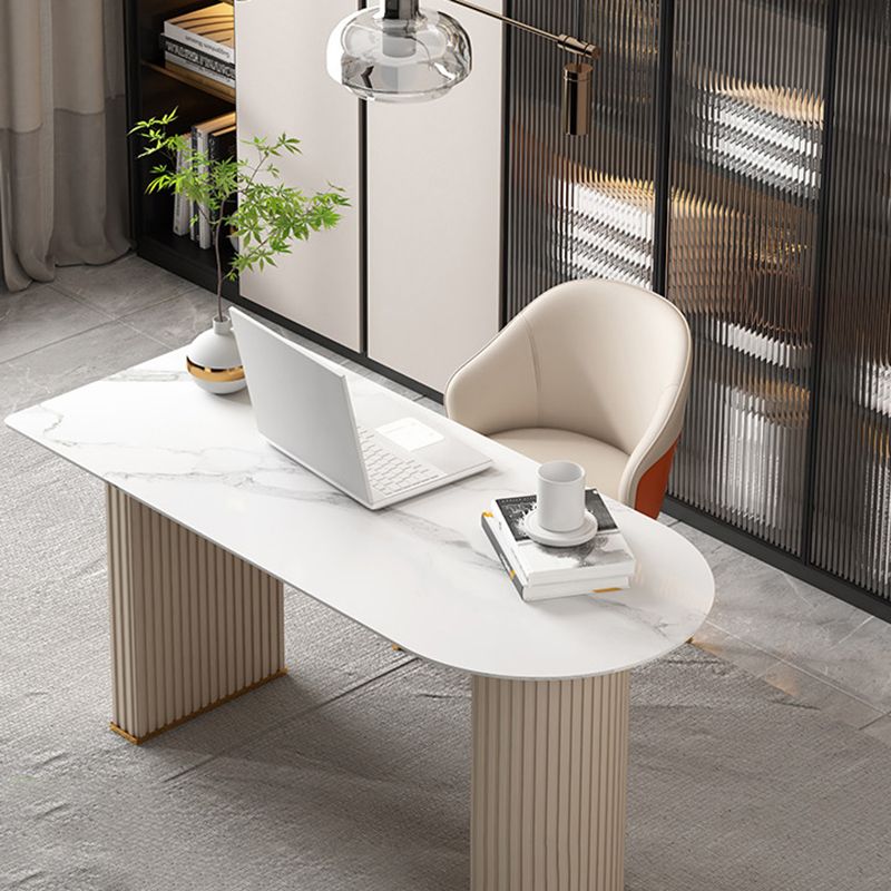 Glam Executive Desk Mirrored Peninsula Writing Desk in White Clearhalo 'furn' 'furn_office_desk' 'Furniture' 'Office Desks' 'Office Furniture' 'office_desk' 1200x1200_d35a5e13-8a6b-4b9f-9da4-7aac0847823f