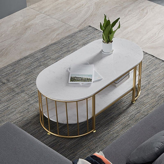 Mesa de café de mármol ovalado de Glam Mesa de acero de 17.7 "H Mesa de cóctel de acero con estante