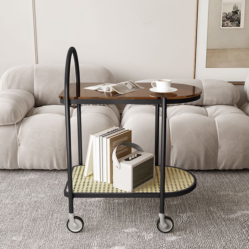 Mesa moderna de la esquina de vidrio mesa lateral de doble nivel con almacenamiento