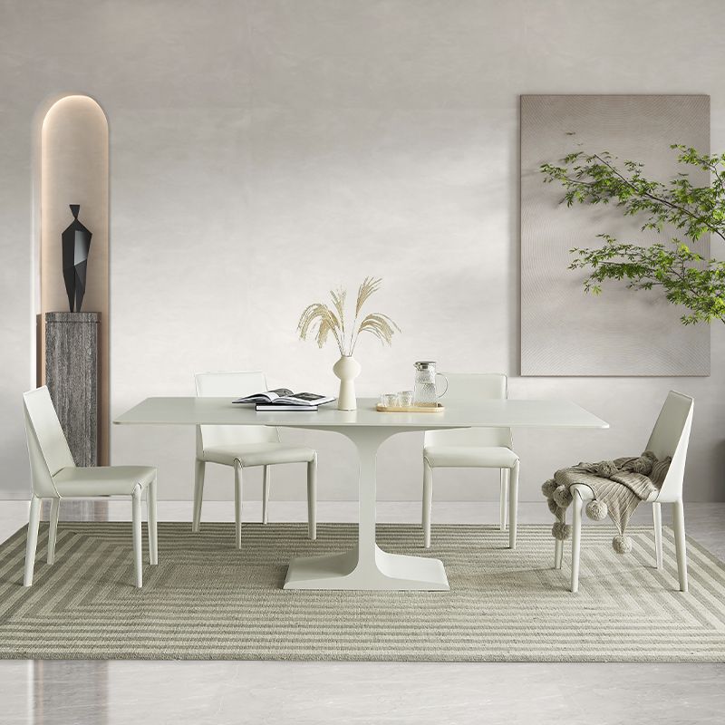 Mesa de comedor de piedra blanca y acero, mesa de comedor informal con pedestal rectangular