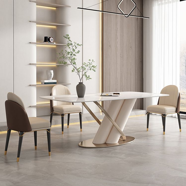 Modern Style Sintered Stone Dining Table with White Fixed Table and Trestle Base Clearhalo 'Dining Room Sets' 'Dining Tables & Seating' 'dining_room_set' 'furn' 'furn_dining_room_set' 'Furniture' 'furniture_dining_room_set' 'Kitchen & Dining Furniture' 'kitchen&dining_furn' 'kitchen' 1200x1200_d3846289-5ef7-4db0-b60c-e2b0777bed84