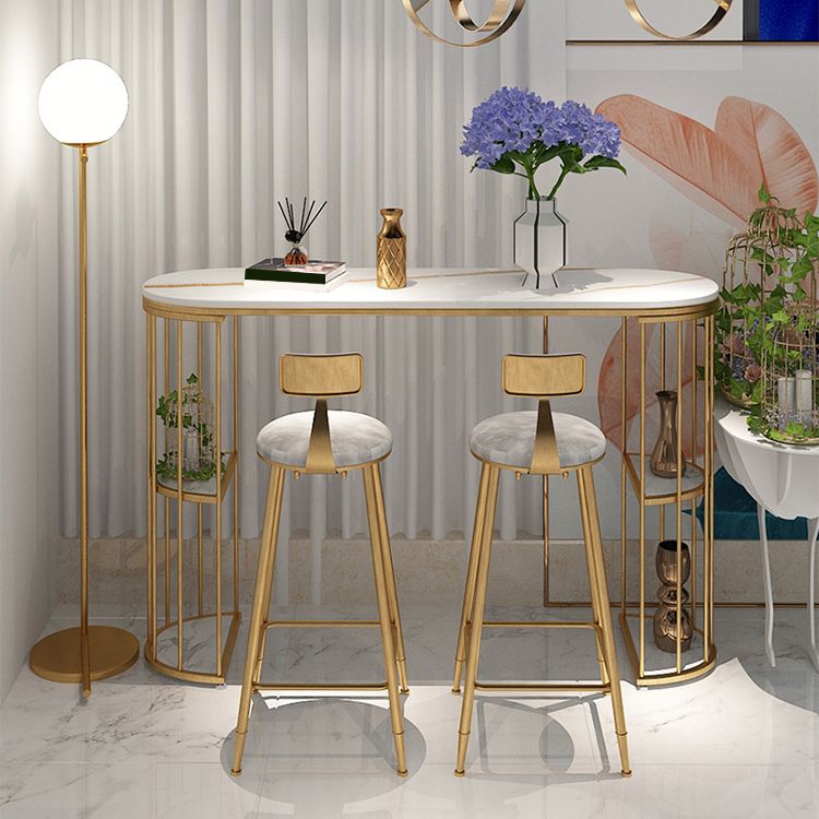 Table de bar à bistrot de salon glamour en pierre ovale et bistrot en métal avec rangement