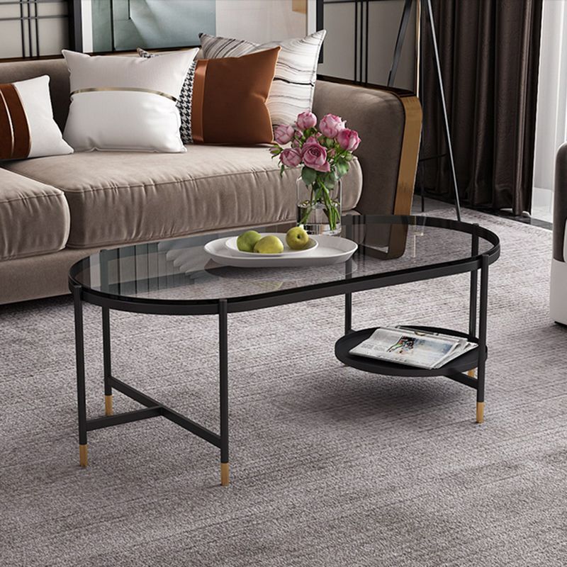Contemporary Elliptical Glass & Slate Coffee Cocktail Table with Storage Shelf Clearhalo 'Coffee & Accent Tables' 'Coffee Tables' 'coffee_tables' 'furn' 'furn_coffee_tables' 'Furniture' 'Living Room Furniture' 1200x1200_d3bc3211-7e63-43a9-9d30-dfcab92690c7