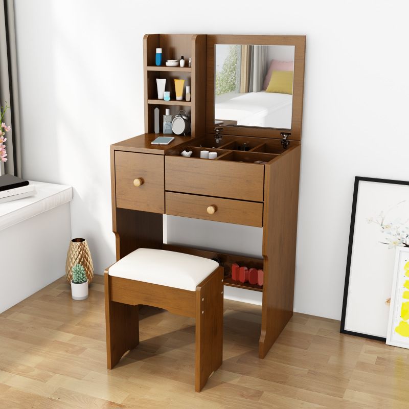 Scandinavian Engineered Wood Dressing Table Set with Mirror and Padded Stool