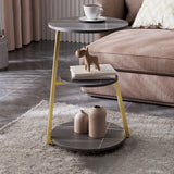 Glam Metal Side Table with Shelves Round Stone Top Accent Side Table