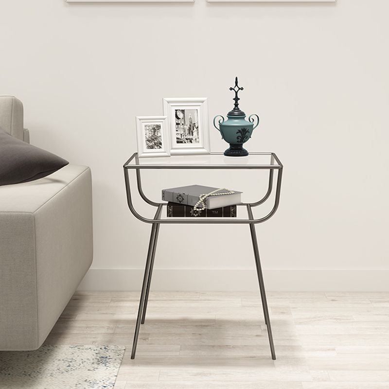 Modern Rectangle Glass Top Side Table 23.6" Tall Iron 4 Legs End Table with Shelf