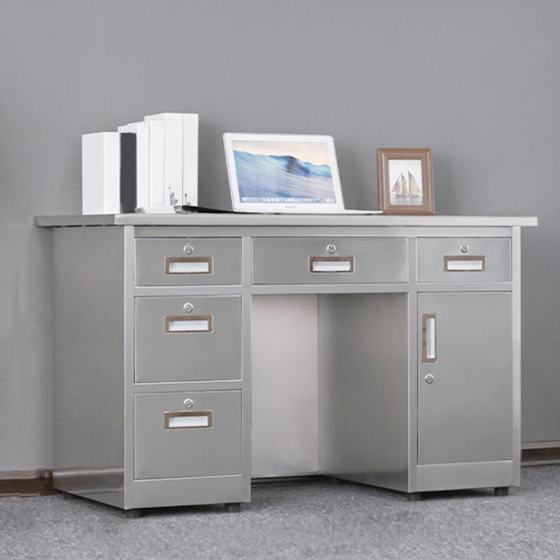 Rectangular Shaped Silver Office Desk with 3/5 Drawers for Office Clearhalo 'furn' 'furn_office_desk' 'Furniture' 'Office Desks' 'Office Furniture' 'office_desk' 1200x1200_d3f58a75-3857-4718-84cf-b23ab95a7bea