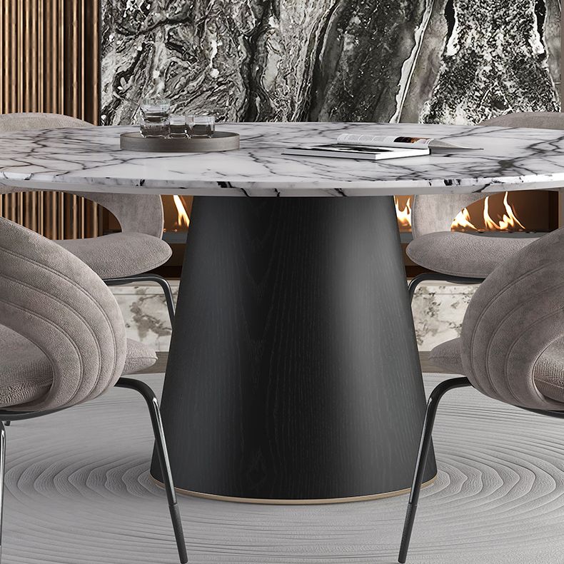 Contemporary Gray Marble Round Dining Table with Wooden Pedestal