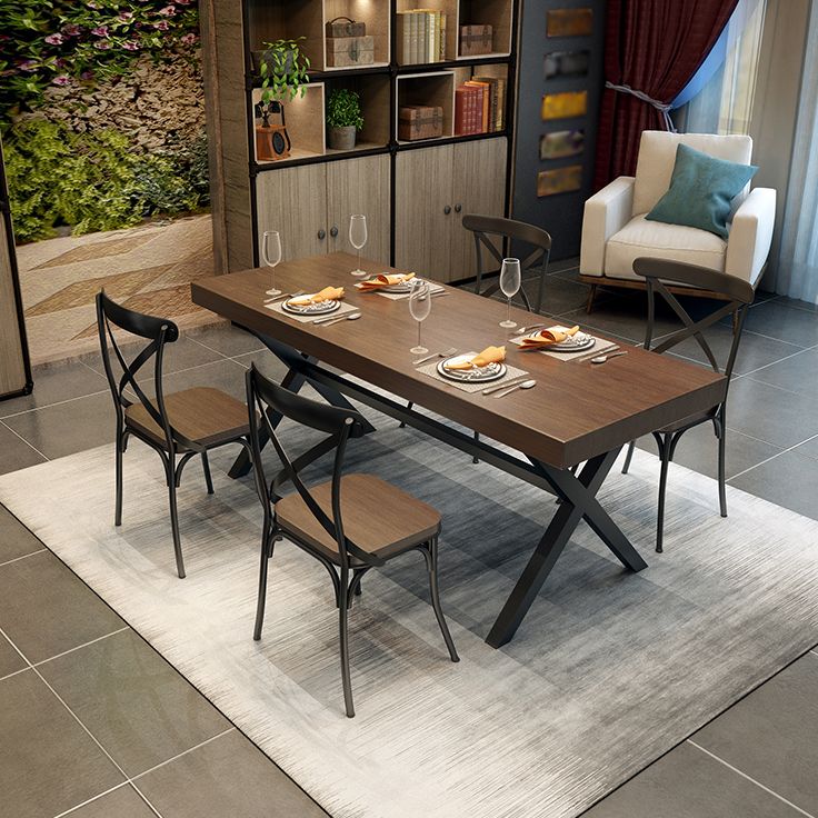 Industrial Style Solid Wood Dining Table Metallic Trestle Base Rectangle Table for Home Clearhalo ' dining_table' 'Dining Tables & Seating' 'Dining Tables' 'furn' 'furn_dining_table' 'Furniture' 'furniture_dining_table' 'Kitchen & Dining Furniture' 'kitchen&dining_furn' 'kitchen' 'kitchen_dining_table' 1200x1200_d4091980-6403-430f-977f-80bad846a203